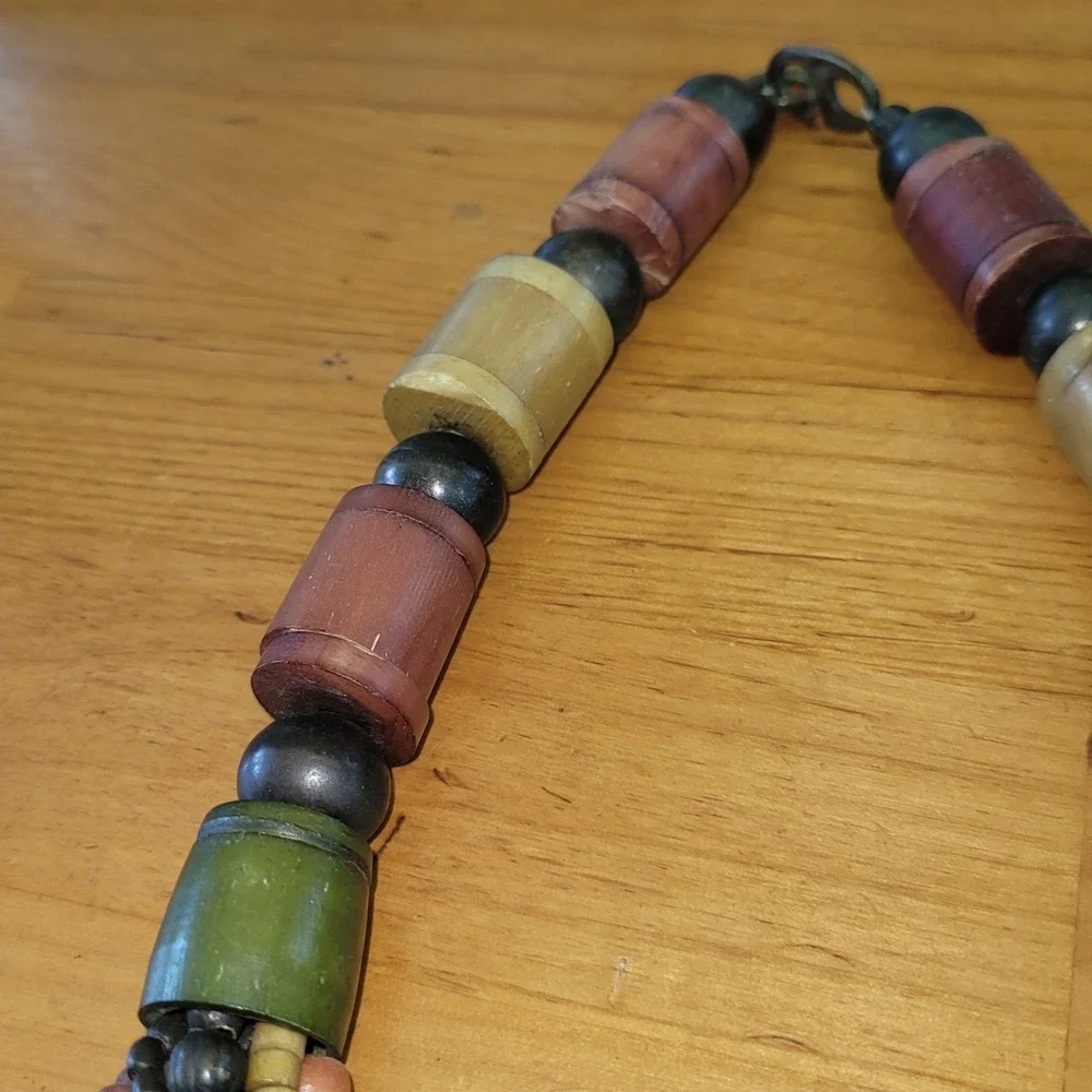 Chunky Multi Strand Wood Bead Necklace Earth Tone Boho Statement 23 Inch vtg